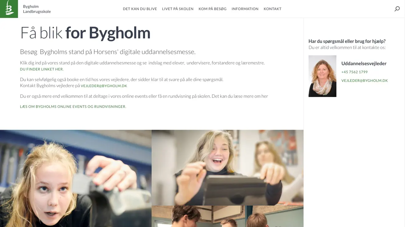 Desktop visning af Bygholm Landbrugsskole hjemmeside
