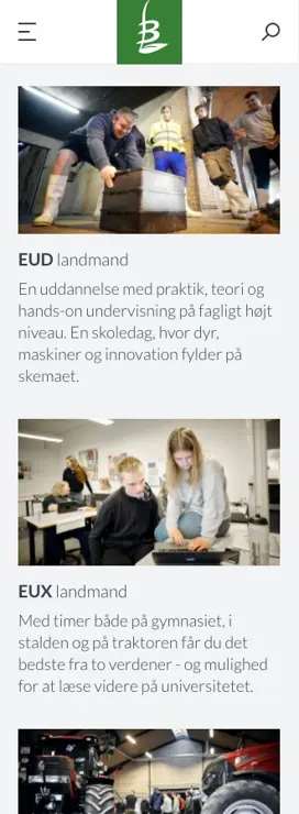 Mobilvisning af Bygholm Landbrugsskole hjemmeside