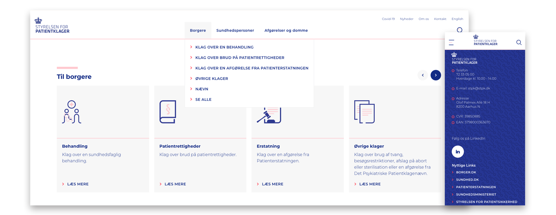 Desktop interface af Styrelsen for Patientklagers hjemmeside