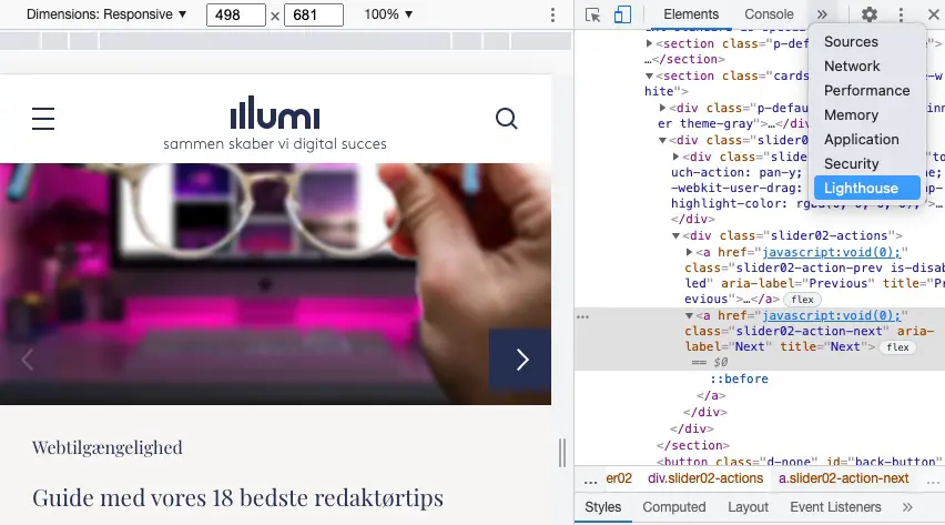 Screenshot af dropdown med Inspector funktioner