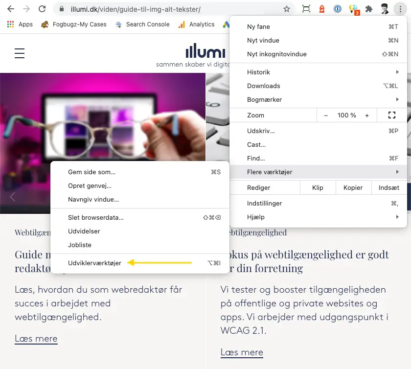 Screenshot viser dropdown med Googles udviklerværktøjer