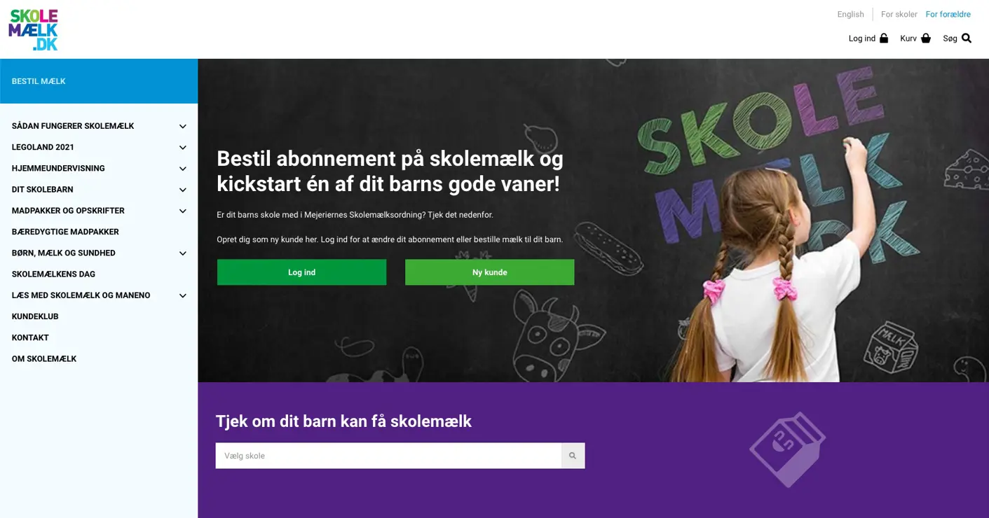 Desktopvisning af skolemælks hjemmeside - bestil abonnement
