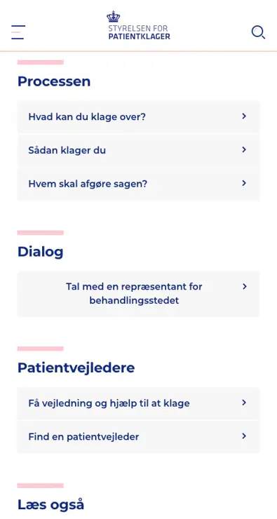 Mobil interface af Styrelsen for Patientklagers hjemmeside