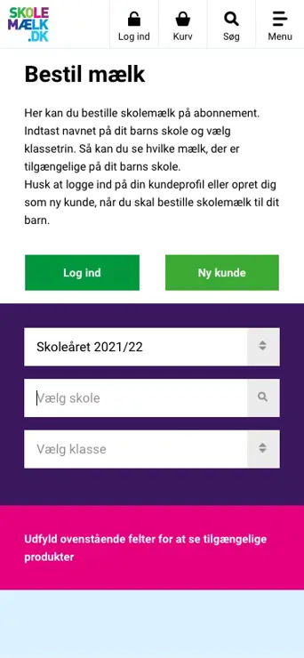 Mobilvisning af skolemælks hjemmeside - bestil mælk
