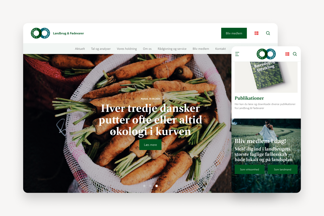 Desktopvisning af Landbrug & Fødevarers hjemmeside